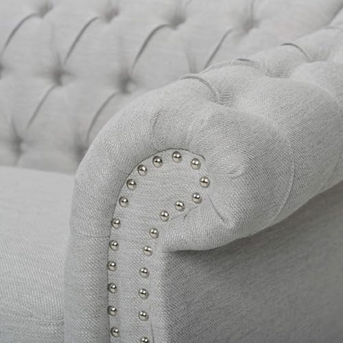 Image of Modern and Stylish 3 Seater Chesterfield Luxury Sofa with Valvet and Fabric Comfortable Sofa for Living Room, Dining Room, Hallway, and Office-(GREYY).