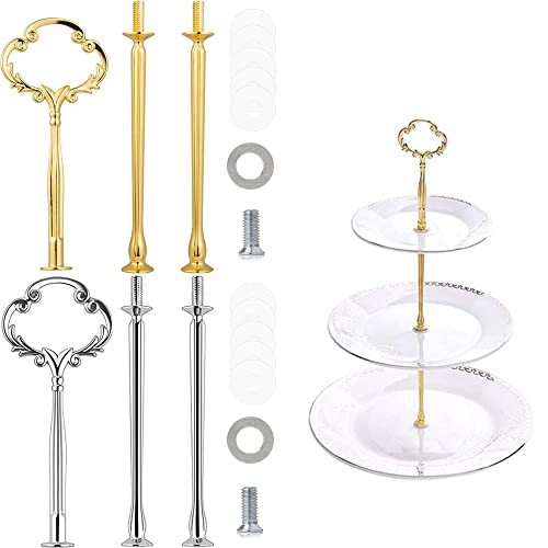 Fibclhaz 2 Sets Cake Stand Fittings Golden Silver 3 Tier Cake Plate Stand Handle Wedding Party Buffet Cake Plate Stand Handle for Food Cupcake Dessert Fruit Serving Displaying Birthday