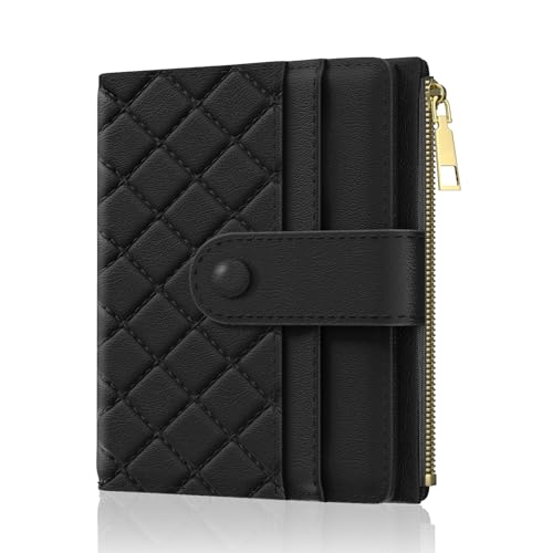 Womens Wallet, RFID Small Slim Wallets for Women, Compact Credit Card Holder, Cute Leather Bifold Ladies Purse with Zipper Coin Pocket and ID Window, Black