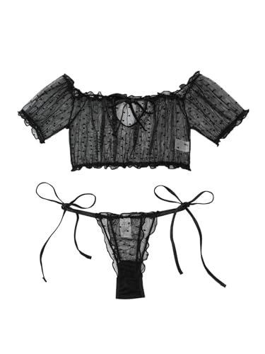 Image of Lilosy Sexy Stretch Ruffle Tie Sheer Mesh Lingerie Set Outfits