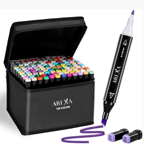 AREXA Markers 120 Colors with Base Marker Pens Double Tip Drawing for Beginners Students Artists Amateurs Comics Albums Coloring