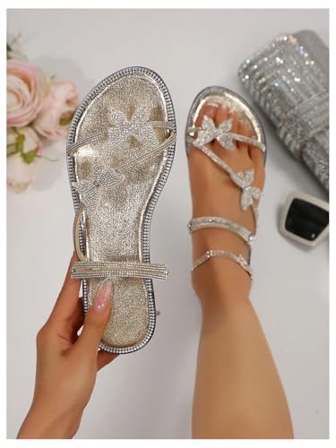 Image of OYOANGLE Women's Silver Rhinestone Sandals Sparkly Dressy Flat Sandals