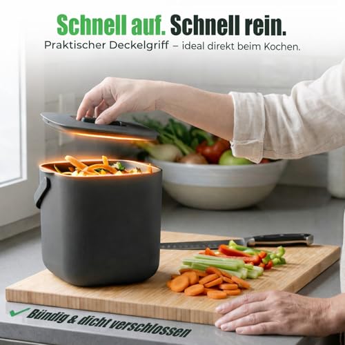 YourCasa Biomülleimer Küche 4L - Komposteimer mit herausnehmbarem Sieb & Deckel - geruchsdicht, spülmaschinenfest & ohne Biomülltüten - Bio Mülleimer klein für saubere Küchen (Anthrazit)
