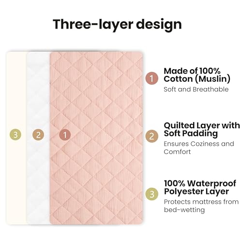 Image of Konssy Waterproof Muslin Changing Pad Cover 2 Pack, Quilted Cotton Fitted Diaper Chang Table Cover, Soft Changing Pad Sheets for Girls Boys (Pink, Cream)