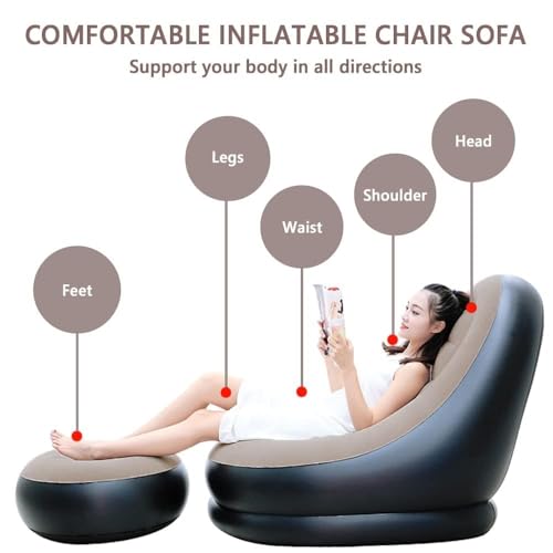 Image of Inflatable Bean Bag Chair for Adults & Kids - Soft Flocked Air Sofa Lounge Seat, Portable Lazy Couch for Living Room, Bedroom Floor Chair (Purple) (L Shape)