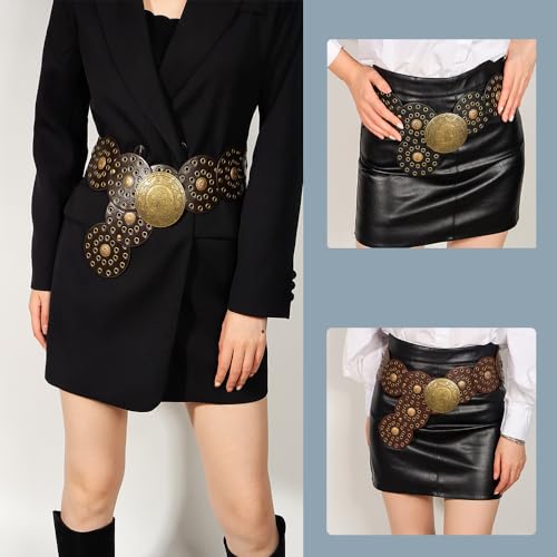 Wide Disc Belt for Women PU Leather Hollow Out Round Belts Vintage Western Waist Belt Versatile Metal Wide Belt4