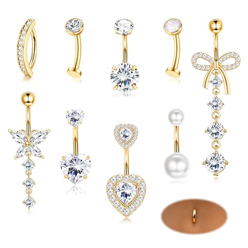 オラジオ【10点セット】 へそピアス 14g 金属アレルギー対応 ピンク 5A+ジルコニア サージカルステンレス ヘソピアス ハート 蝶 蝶結び 可愛い 夏 ボディピアス アクセサリー