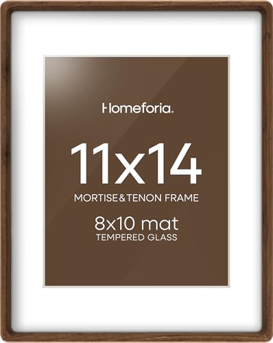 Homeforia 11x14 ほぞ穴とほぞ穴ウォールナット写真フレーム、ハイエンド11x14 壁用フレーム、フォトフレーム11 x 14 ウォールナット マット付き 8x10、強化ガラス、ウォールキット、1個セット（Amazon）