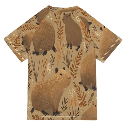 Boys Short Sleeve T-Shirts Capybara Wheat Brown Rashguard Kids Swim Shirts Sun UPF 50+2