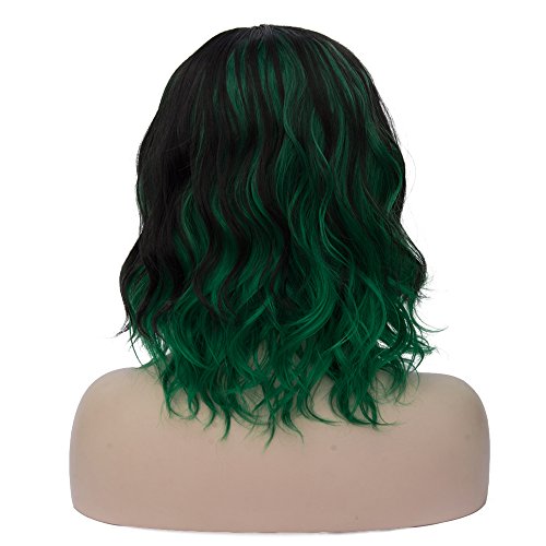 Image of BERON Black and Green Wigs Women Short Curly Wavy Wig Girls Mixed Color Shoulder Length Side Part Halloween Cosplay Party or Daily Use Wig