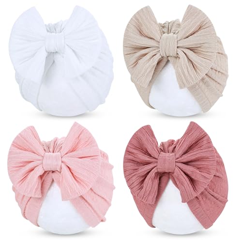 Cinaci 4 Pieces Soft Stretchy Nursery Hospital Caps Bonnets Beanies Headwraps Turban Hats with Bow for Baby Girls Newborns Infants Toddlers