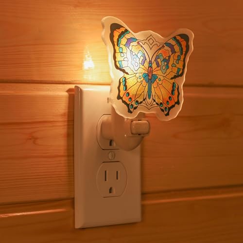 Image of Butterfly Stained Glass Styled Night Light, Real Glass Plug-in Wall Light with Manual On /Off Switch for Bedroom, Hallway, Bathroom, Gift for Girls and Sisters-Tiger Eyes Yellow