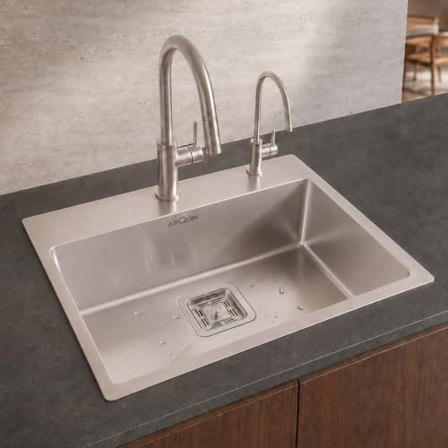 Image of ARQUIN Kitchen Sink 24x18x10 Inch Handmade Single Bowl Tap Hole Matt Finish Kitchen Sink Premium Heavy Grade Stainless Steel Kitchen Sink For Kitchen Basin Square Drainer and Adjustable Fruit Basket
