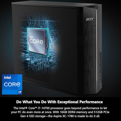 Image of Acer Aspire XC-1780-UA93 Desktop | Intel Core i7-14700 20-Core Processor (Up to 5.4GHz) | 16GB 3200MHz DDR4 RAM | 512GB PCIe Gen 4 SSD | SD Card Reader | Intel Wi-Fi 6E AX211 | Windows 11 Professional