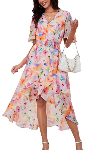 Image of Kormei Womens Short Sleeve Floral Maxi Dress High Low V-Neck Flowy Party Long Dresses