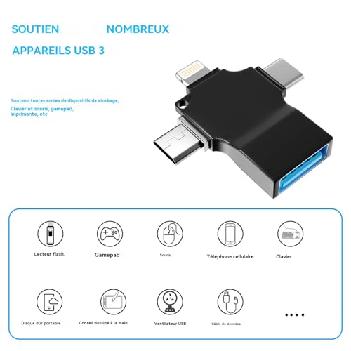 Adaptateur OTG 3 en 1 USB C, Lightning, Micro USB pour clé et clavier