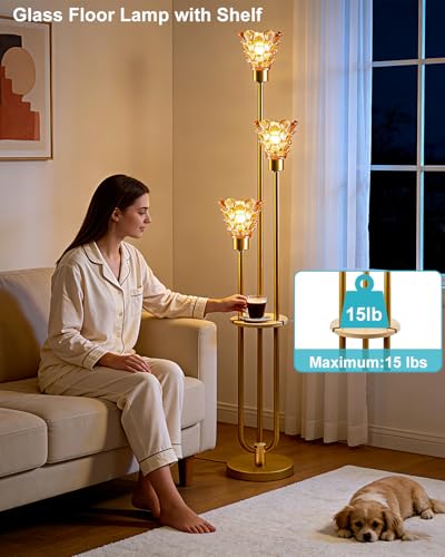 Image of 3-Light Modern Glass Floor Lamp with Shelf, Gold Tall Standing Lamp with Amber Flower Glass Shade, LED Floor Lamp with Foot Switch& 5Lbs Heavy Base for Living Room Bedroom, Bulb Included