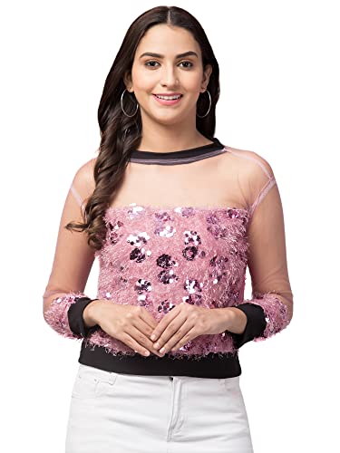 Image of NEOAMBER Women Stylish Sleeveless Sequin Net Western Cami Party Crop Top