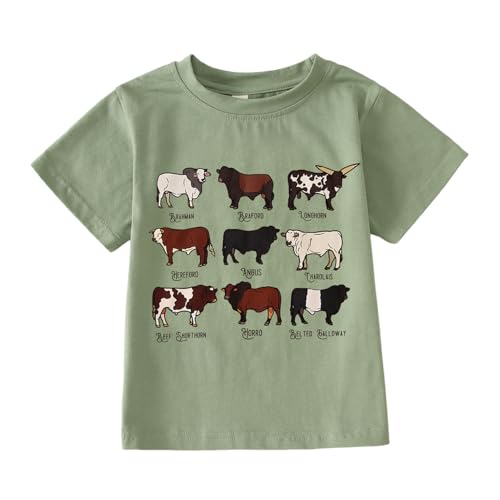 Ritatte Toddler Farm Shirt Baby Boy Girl Cow Graphic Short Sleeve T-Shirt Kids Funny Letter Cattle Animals Summer Tees Tops(Green,18-24M(90))