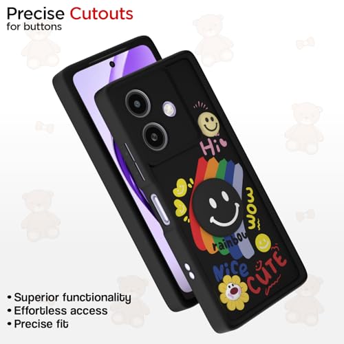 Image of Pikkme Back Cover for Oppo A3x 5G / A3x 4G / A3 5G | Soft Silicone| Cute Rainbow Smile & 3D Cartoon Flower Design | Shockproof Raised Camera Protection Bumper Case (Black)