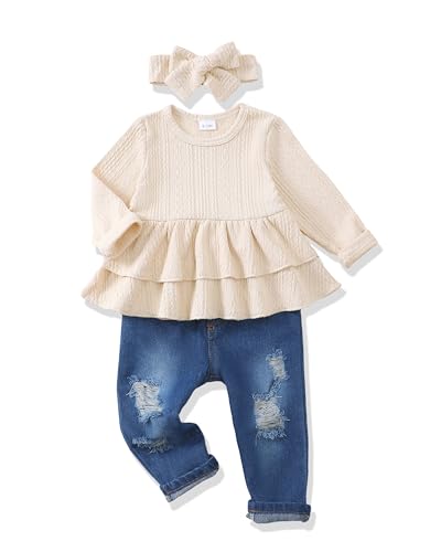 Image of Renotemy Infant Baby Girl Clothes 9-12 Months Fall Winter Beige Baby Cowgirl Outfits & Gifts - Rib Knit Jeans Pants Set