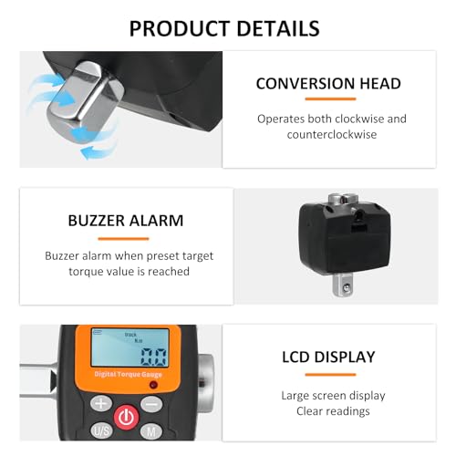 VISLONE Digital Display Torque Meter Wrench Torque Tester 1/2'' Drive with Sound Light Alarm Function High Accuracy 4 Torque Units Backlit Display - Image 4