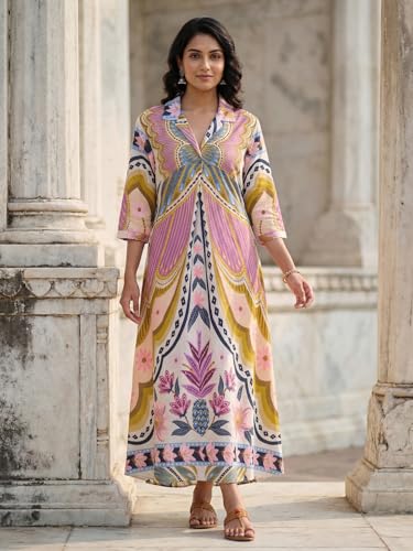 Image of HELLCAT Floral Brown Women Dress|New Trending Dress for Women|Western 3 /4 Sleeve A-line