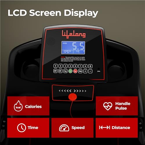 Image of Lifelong 5HP Peak Motorized Treadmill for Home | 12% Auto Incline | 12 Preset Programs | 14 km /h Speed | 110 kg Capacity | LCD Display| Hydraulic Fold | Wide Running Belt | Bluetooth & FitShow App