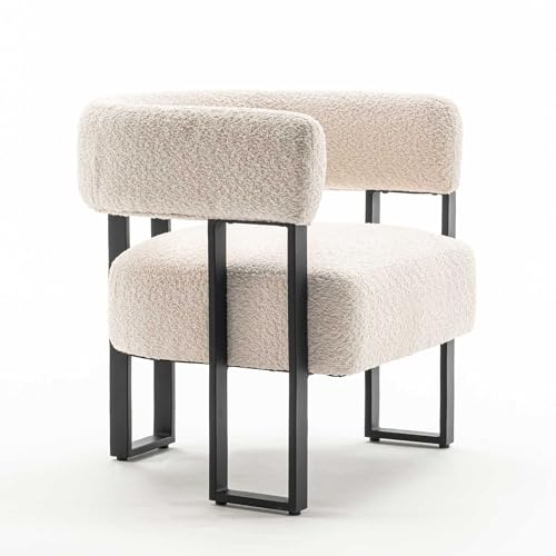 YOUNIKE Accent Chair Beige Upholstered Teddy Velvet Single Sofa Modern Corner Round Padded Armrest Club Boucle Armchair for Living Room Bedroom Office Hotel Lounge Nursery Apartment Black Metal Stand