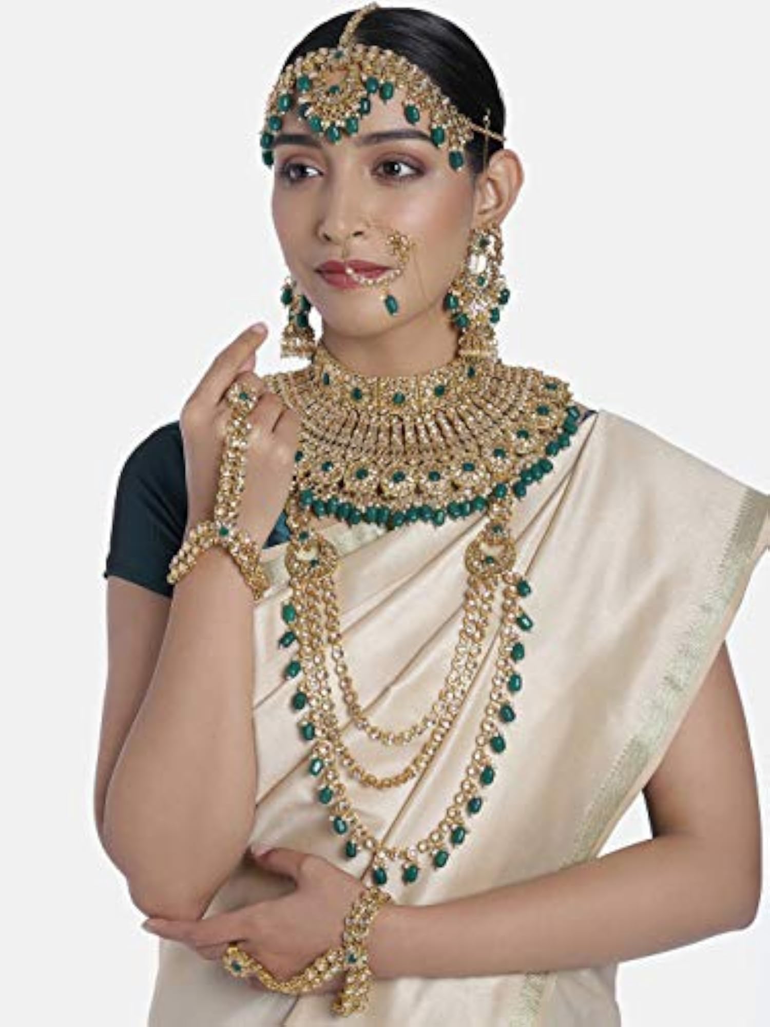 Green Beads Bridal Choker Layered Necklaces Set ZPFK10147
