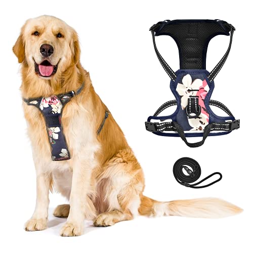 SUPPETS No Pull Dog Harness with Leash Reflective Padded Pet Vest Adjustable Soft Puppy Harness with Easy Control Handle for Dogs and Cats, Peony,(XL-Size,Neck Girth: 14"-18",Chest Girth: 21"-23")