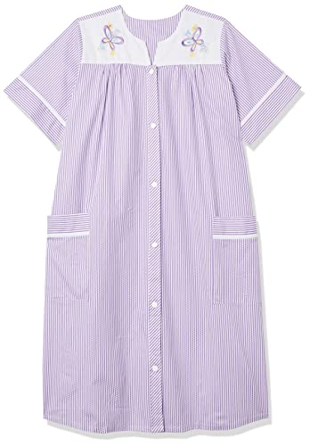 Image of AmeriMark Women Calf-Length Snap Front Knit Duster House Coat Robe - Loose-Fitting Plush Bathrobe - Short Sleeve Bath Robe