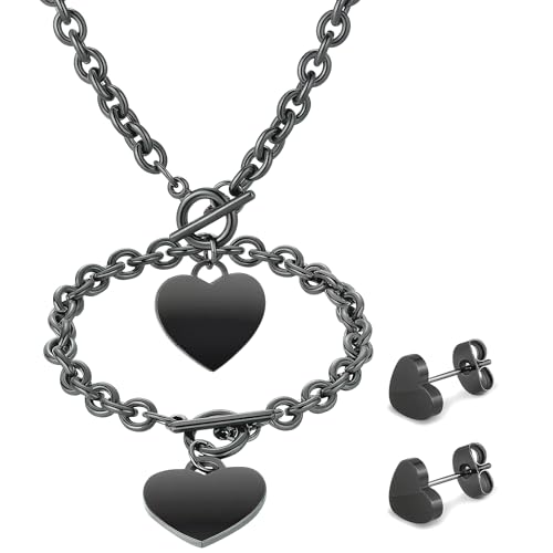 Bucherry 3 Pcs Heart Jewelry Set Bow Snowflake Jewelry Heart Pendant Chain Toggle Necklace with Bracelet Earrings Snowflake Stainless Steel Link Chain for Women Gift(Black Stainless Steel Heart)