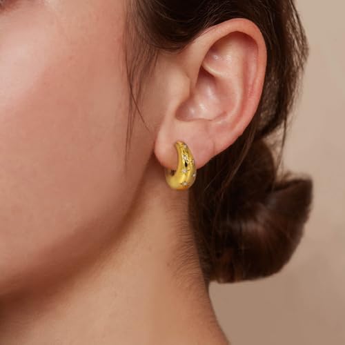 Free bird Chunky Gold Hoop Earrings 14K Gold Plated Small Chunky Hoop Trendy Sun Earrings Hypoallergenic Lightweight Earrings Chunky Gold Jewelry for Daily Wear3