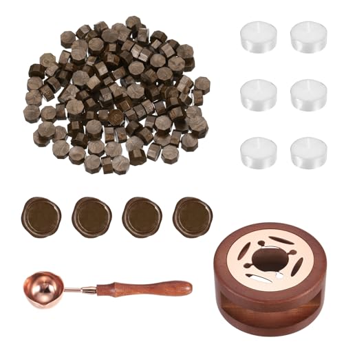 Kit de cachet de cire avec perles à cacheter marron, réchauffeur bois et cuillère pour courrier