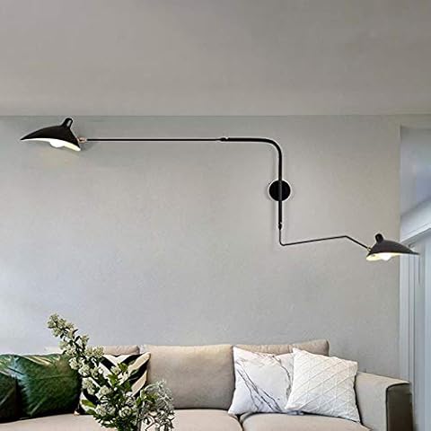 LITFAD 2-Lights Living Room Wall Sconce with Curved Arm Metallic Shade Modern Style Black Wall Mounted Lamp LED Swing Arm Wall Light Fixtures for Bedroom Study Hotel Cover