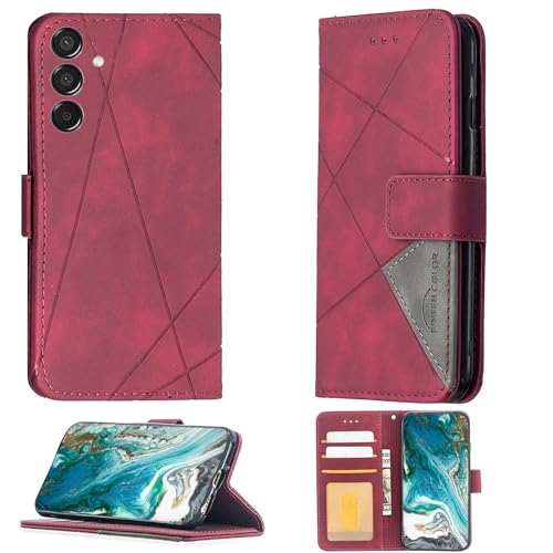 Aroepurt Case Compatible for Samsung Galaxy M15 5g Phone Case Cover [with Tempered Glass Screen Protector] Flip Stand Cover PU Leather Wallet Case Red