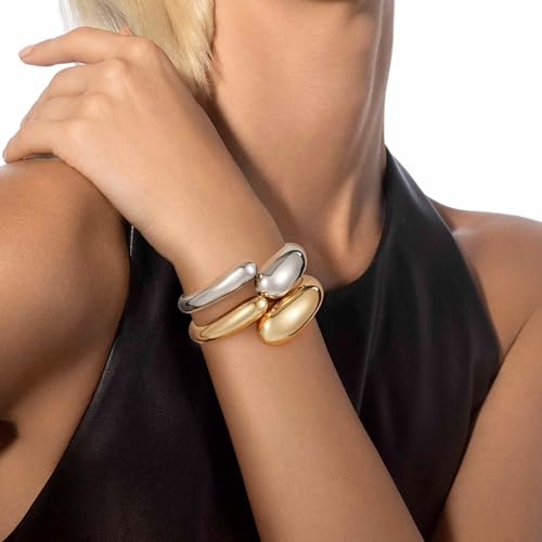 14K Gold Plated Bangle Bracelets for Women Silver Plated Polished Chunky Twisted Hinged Waterdrop Bangle Bracelet for Women Spiraled Oval Bangle Bracelet 2Pcs Minimalist Jewelry3