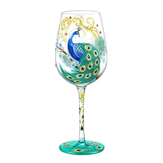 NymphFable Copa de Vino Pintada a Mano Pavo Real de Colorido Copa de Vino Tinto 15oz Regalo para Familia o Amigo
