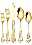 XLANDALYUEFA Juego de vajilla, Juego Cubiertos Plata, Acero Inoxidable 5 Piezas, Relieve Retro, Principales for 1 Persona, Cuchillo for Carne, Tenedor y Cuchara(Gold)
