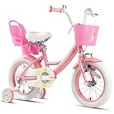 Glerc Maggie Girls Bike, 14 Inch Kids Bike for 3-5 Years Old Children, Princess Style Kids Bicycle with Doll-Seat & Basket & Training Wheels, Pink & White