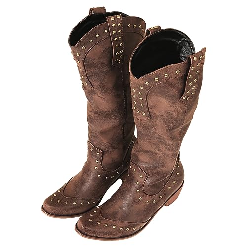 Women's Retro Rivets Cowboy Boots Pointed Toe Western Chunky Heel Under the Knee Boots4
