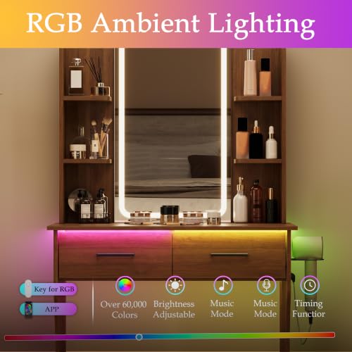 Image of BORNOON Vanity Desk with Mirror and Lights, Small Makeup Vanity Desk with Charging Station, Bedroom Vanity Table with Drawers, Storage Shelves, RGB Ambient Light and Hair Dryer Holder