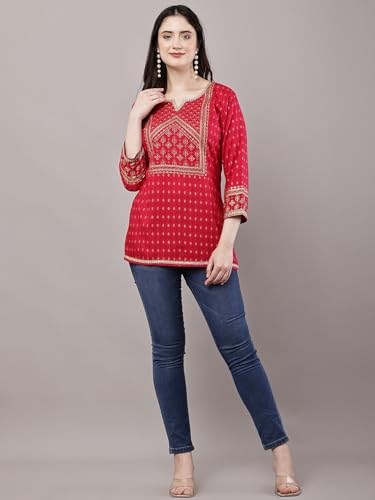 Image of Women's Pink Printed Short Kurti with Lace Trim, 3 /4 Sleeves, Ethnic Indian Style Top