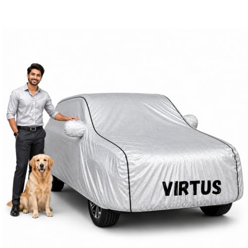 Image of Waterproof Car Cover for Virtus | Soft Cotton Lining Heavy Duty Triple Stitched Heat Resistant Outdoor Cover Comes with Mirror and Antenna Pocket Full Bottom Elastic (Zig Zag Silver)