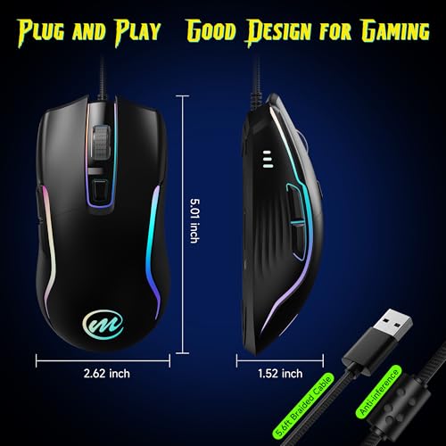 Image of memzuoix Wired Gaming Mouse with RGB - 6 Adjustable DPI up to 12800, 6 Buttons, 12 Lighting Modes, Ergonomic Design with Anti-Slip Rubber Wheel, 5.6ft Braided Cable for PC /Mac /Windows - Black
