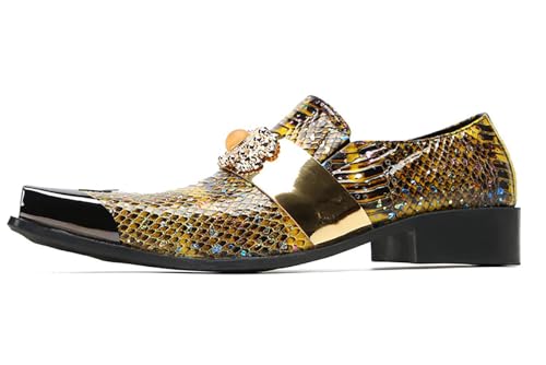Santimon Men's Slip On Shoes Penny Loafers - Genuine Leather Dress Shoes with Yellow Gemstones & Metal-Square Toe for Wedding, Party, Disco & Bar2