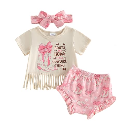 Lucikamy Western Baby Girl Clothes Summer Short Sleeve Letter Tassel T Shirt Romper Bloomer Shorts Set Infant Country Outfit (Boots-Beige 3-6 Months)