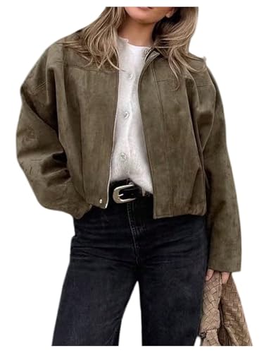 MakeMeChic Women's Faux Suede Bomber Jacket Zip Up Long Sleeve Coat Outerwear Army Green Large