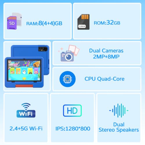 Image of Android 15 Kids Tablet with EVA Case, 10 inch Tablet for Kids, 20GB (4+16) RAM+128GB ROM /MAX 2TB,1280*800 IPS HD Eye Care Touch Screen, 2.0GHz Quad-core Toddler Tablets, 5G WiFi, Widevine L1